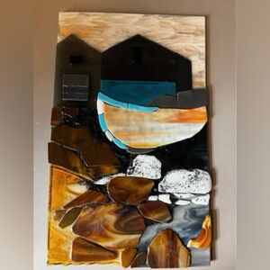 Glass Mosaic On Wood Boat House Coastal Scene Wall Art 16”x10”